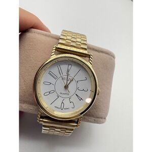 Suizo Quartz Watch Gold Tone Expansion Band White Dial Oversized Numerals